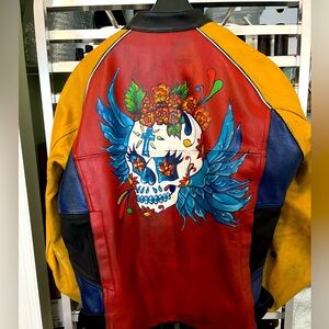 Hand Painted Sugar Skull Men’s Motorcycle Jacket Size 48
